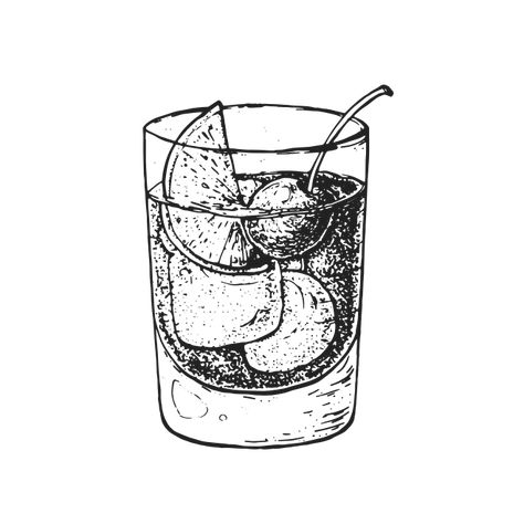 Old Fashioned Illustration, Old Fashioned Tattoo Drink, American Traditional Whiskey Tattoo, Old Fashioned Drink Tattoo, Traditional Whiskey Tattoo, Old Fashioned Tattoo, Old Fashioned Drawing Drink, Old Fashioned Cocktail Tattoo, Whiskey Glass Tattoo Traditional