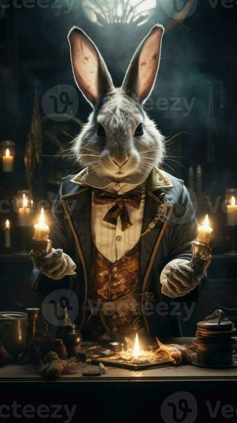 Very comfortable and nice set. Rabbit Wearing Clothes, Black Rabbit Art, Fantasy Rabbit, Magician Rabbit, Dnd Aesthetic, Halloween Rabbit, Dancing Rabbit, Magic Rabbit, Bunny Character