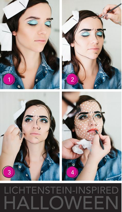 Maquillaje Pop Art, Comic Book Makeup, Costumes Faciles, Make Up Diy, Doing Makeup, Pop Art Makeup, Halloween Makeup Diy, Art Costume, Halloween Makeup Tutorial