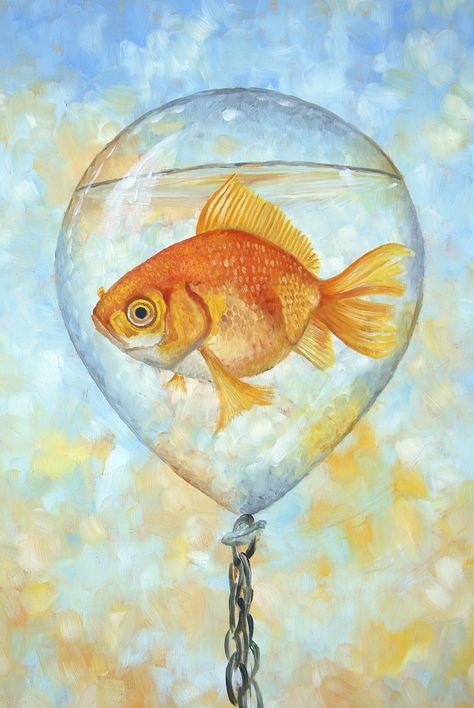 Every time I look at this fish in a floating water balloon, I think to myself, did I really paint that? Fish In Water Painting, Fish Surrealism, Goldfish Art, Surealism Art, Floating Water, Surrealism Painting, Water Art, Fish Painting, Fish Bowl