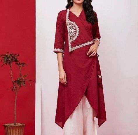 Angarkha Kurti Pattern Cotton, Wrap Kurti Design, Ang Rakha Style Kurti, Up Down Kurti Pattern, Wrap Kurti, New Style Kurti Design, Angarkha Kurti Pattern, Cotton Kurti Pattern, Angrakha Style Kurti