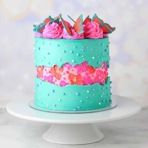 Team Cake Ideas, Summer Cake Designs, Summer Cake Ideas, Bright Cakes, Teal Cake, Summer Cake, Holiday Desserts Table, The Best Dessert, Buttercream Flower Cake