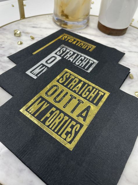 Straight Outta My Forties cocktail napkins. The napkins are 5 X 5 in, 3 ply. They make great decorations for a 50th Birthday party. Sold in Sets of 20 Foil Options: Gold, Rose Gold, or Silver. If you would like Rose Gold or Silver leave us a note at checkout, otherwise the napkins will ship with gold foil Designed by White Rabbits Design ►OTHER AMAZING DESIGNS: www.whiterabbitsdesign.etsy.com 40th Birthday Napkins, 50th Birthday Napkins, 50th Birthday Party Themes, 50th Birthday Party Ideas For Men, 50th Birthday Themes, Napkin Designs, 50th Birthday Centerpieces, Surprise 50th Birthday Party, 50th Birthday Men