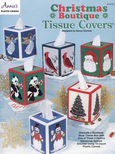 Made using 1 1/2 sheets of 10-count canvas, satin and metallic ribbon, embroidery floss, metallic cord and sport-weight yarn. Christmas Boutique, Ingalls Family, Plastic Craft, Plastic Canvas Books, Plastic Canvas Coasters, Plastic Canvas Pattern, Tissue Cover, Plastic Canvas Tissue Boxes, Plastic Canvas Christmas