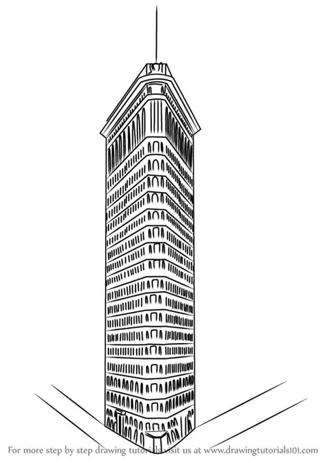 Learn How to Draw Flatiron Building (Other Places) Step by Step : Drawing Tutorials Flatiron Building Drawing, Building Coloring Pages, Mtg Storage, Drawing Of A Building, Flat Iron Building New York, Flatiron Building Nyc, Building Tattoo, Sketches Architecture, Flat Iron Building