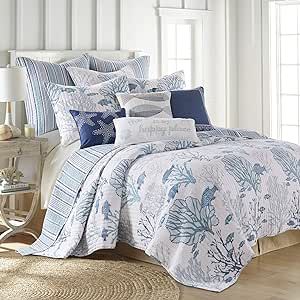 Levtex Home - Lacey Sea Quilt Set - Full/Queen Quilt + Two Standard Pillow Shams - Coastal Coral - Blue and White - Quilt Size (88x92in.) and Pillow Sham Size (26x20in.) - Reversible - Cotton Fabric Coastal Bedding Sets, Coastal Pattern, Beach Decorations, Sea Quilt, Carolina House, Coastal Bedding, King Quilt Sets, Coastal Bedrooms, King Pillows