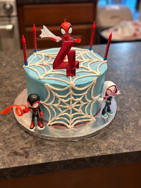 Spidey Friends Birthday Cake, Diy Spiderman Birthday Cake, 4 Year Birthday Cake For Boys, Spiderman Cake 4th Birthday, Spiderman Birthday Party 4, Spidey And Friends Birthday Party Food, Spidey And Friends Birthday Cake, Spidey Cake Ideas, Spiderman 4th Birthday Party