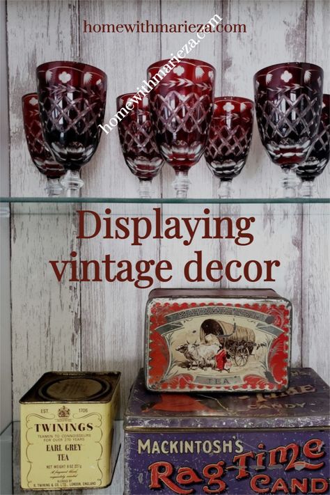 Decorating with vintage finds #vintage #styling #ideas #home decor #ornaments Decorating With Vintage Items Antiques, Carnival Glass Display Ideas, Vintage Silverware Display, Decorating With Silver Pieces, Silver Trays Decor Ideas, Decorating With Antiques Ideas, Glass Tray Decor, Home Decor Ideas Vintage, Vintage Living Room Ideas