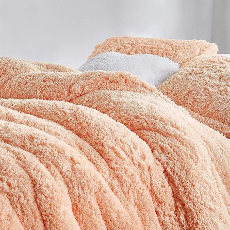 Designer Comforter Sets, Peach Comforter, Sherpa Comforter, Thick Quilt, Cottage Pink, Oversized Comforter, Plush Bedding, Peach Nectar, Velvet Upholstered Bed