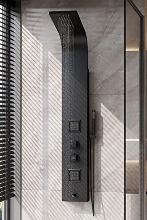 Black Aluminum Shower Panel for the Modern Bathroom - Monsoon Full Body Shower System. Full Body Shower System, Bathroom Suites Modern, Jet Shower Bathroom, Modern Shower Design Tile, Modern Shower System, Body Jet Showers, Modern Full Bathroom Design, Shower Tower Systems, Smart Shower Ideas