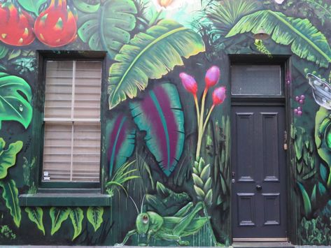 Fence Murals, Jungle Oasis, Jungle Mural, Door Mural, Street Installation, Chalk Wall, Artistic Ideas, Nature Projects, Jungle Wall