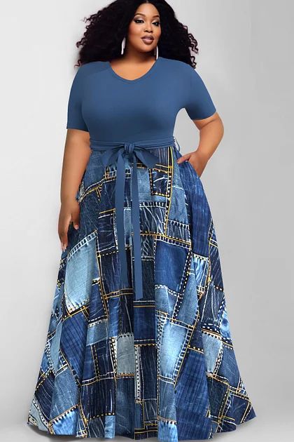 Plus Size Stylish Matching Sets for Women | Xpluswear Jeans Gown Styles For Women, English Gowns, Ladys Dress, English Outfit, Simple Dress Styles, Long Denim Dress, Formal Dress Patterns, Modest Dresses Fashion, Jean Dresses