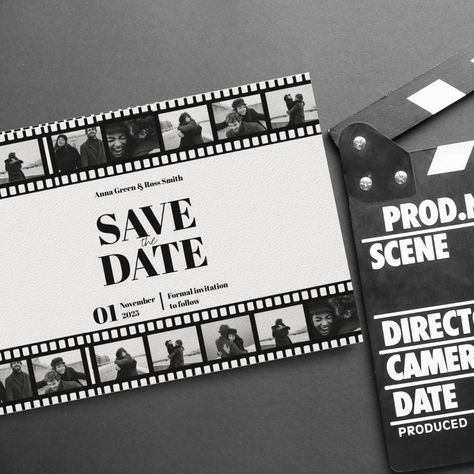 Film Inspired Wedding, Movie Wedding Aesthetic, Save The Date Unique Ideas, Save The Date Aesthetic, Film Theme Wedding, Movie Strip, Cinema Themed Wedding, Gala Aesthetic, Sabe The Date