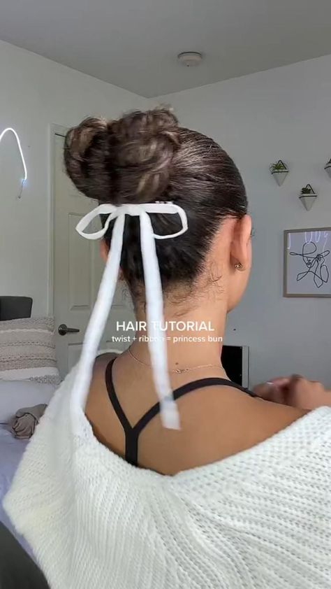 Pilates Princess bun with ribbons Bun With Ribbon, Princess Bun, Princess Pilates, Curly Bun Hairstyles, Curly Wedding Hair, Cute Curly Hairstyles, Hair Due, Bun Tutorial, Pilates Princess