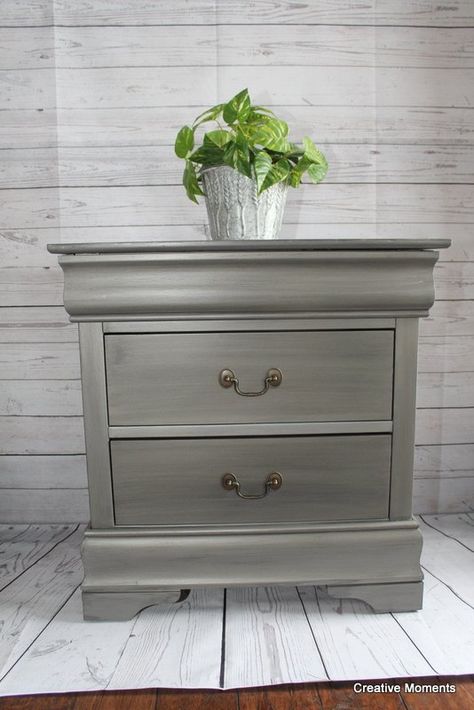 Repainted Nightstand Ideas, Two Toned Nightstand, Steel Nightstand, Silver Nightstand, Painted Nightstands, Tall Nightstand, Metallic Painted Furniture, Gray Dresser, Bedroom Furniture Makeover