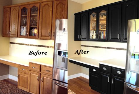 Before & After, Refinished Cabinets in Rich Black at a fraction of the cost to replace them. Paint Oak Furniture, Cheap And Easy Home Improvements, Kitchen Cabinets Before And After, Honey Oak Cabinets, Kitchen Cabinet Trends, Painting Oak Cabinets, Old Kitchen Cabinets, Refacing Kitchen Cabinets, Best Kitchen Cabinets