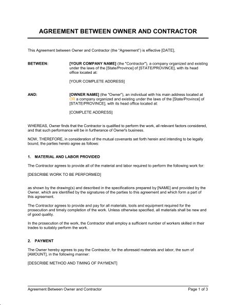 Agreement Between Owner and Contractor Template – Word & PDF | By Business-in-a-Box Contractor Contract, Payment Agreement, Form Example, Construction Contract, Contract Agreement, Lease Agreement, Word Free, Contract Template, General Contractor