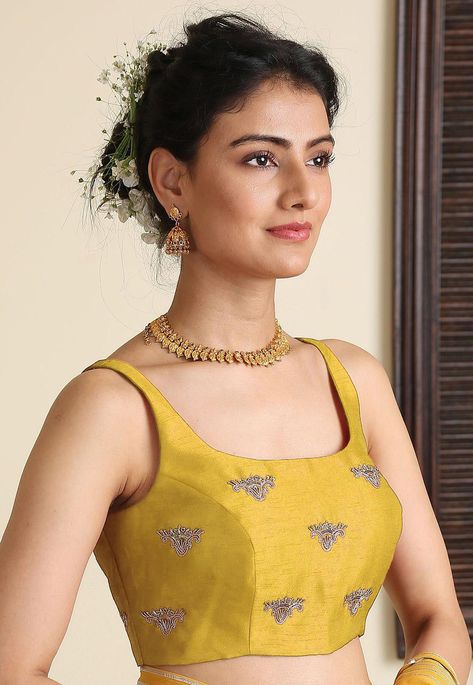 Art Dupion Silk Blouse in Yellow This Readymade Sleeveless piece is Enhanced with Zari, Dori and Stone Work and is Crafted in Square Neck It has a Back Hook Enclosure Its Length is 15 inches Do note: Saree and Accessories shown in the image are for presentation purposes only. (Slight variation in actual color vs. image is possible). Square Neck Blouse Designs, Kalamkari Blouse Designs, Modern Blouse Designs, Sleeveless Blouse Designs, Sleeveless Blouse Saree, Dori Work, Kalamkari Blouse, Vs Image, Simple Saree Designs