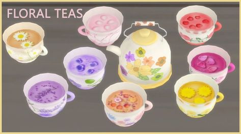 FLORAL TEAS AND TEAPOT | icemunmun on Patreon Floral Teapot, Sims 4 Cas Mods, Dandelion Tea, Sims Packs, Small Appliance, Spring Tea, Custom Recipe, Honey Tea, Sims 4 Dresses