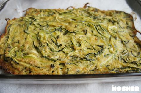 Springtime Zucchini Kugel - no noodles and if you sub out the matzo meal for coconut, almond oreven  brown rice flour, you could make this gluten free Noodle Koogle, Zucchini Kugel, Shabbat Recipes, Jewish Holiday Recipes, Zucchini Noodle, Jewish Learning, Matzo Meal, Jewish Food, Easy Zucchini