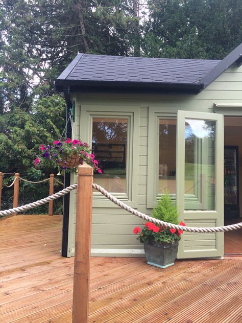 Sage Green Shed, Green Sheds Painted, Green Shed, Garden Cabin, Shed Landscaping, Decking Ideas, Garden Cabins, Shed To Tiny House, Green Farm