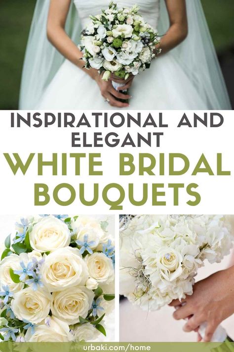 White wedding flowers embody purity, innocence, and romance. Wedding styles come and go, but white never goes out of style - it's a classic. Not all white flowers are crystal white - cream, ivory, and blush tones can shade white flower petals. Hints of green are also common on white wedding flowers. Brides can choose white bridal bouquets for contemporary or Victorian weddings, formal or informal. The wide variety of white flowers means florists can create white bouquets to suit any theme or... Real Flower Bridal Bouquet, White Bridal Bouquets, White Wedding Flowers Bouquet, White Flower Petals, Bride Bouquets White, Classic Wedding Bouquet, Unique Wedding Bouquet, Elegant Wedding Bouquets, Bridal Bouquet Summer