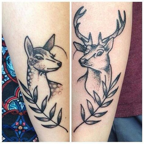 12 Awesome Buck and Doe Tattoo Designs | PetPress Buck And Doe Tattoo, Couples Deer Tattoos, Country Couple Tattoos, Buck Tattoo, Doe Tattoo, Deer Tattoo Designs, Him And Her Tattoos, Couple Tattoos Love, Partner Tattoos