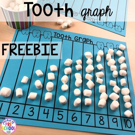 Free tooth graph! Dental health themed activities and centers for preschool, pre-k, and kindergarten (FREEBIES too) #dentalhealththeme #preschool #pre-k #tooththeme Tooth Preschool Activities, Dental Health Preschool Activities, Tooth Preschool, Dental Health Preschool Crafts, Dental Health Crafts, Dental Health Kindergarten, Dental Health Week, Dental Health Preschool, Centers For Preschool