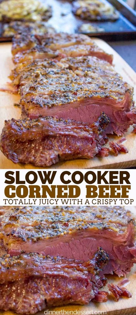 Crispy Slow Cooker Corned Beef with perfectly juicy slices of beef and crispy crust this is the only corned beef recipe you'll ever use! #slowcooker #crockpot #cornedbeef #stpatricksday #dinner #beef #sandwiches #dinnerthendessert Corned Beef Recipes Slow Cooker, Corned Beef Recipe, Slow Cooker Corned Beef, Cooking Corned Beef, Dinner Beef, Beef Sandwiches, Corned Beef Brisket, Corned Beef Recipes, Brisket Recipes