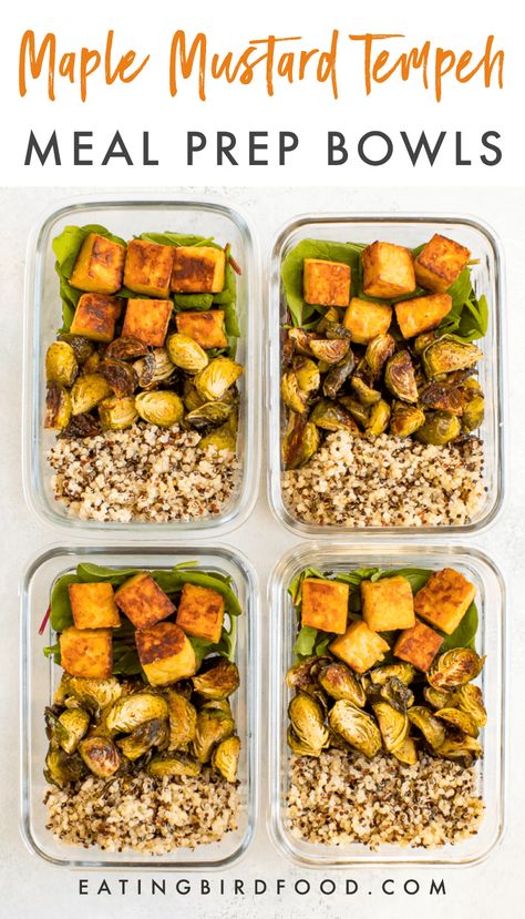 Maple mustard tempeh meal prep bowls with roasted brussels sprouts, quinoa and greens. Make this recipe on Sunday and eat well all week! #mealprep #vegan #tempeh #eatingbirdfood Tempeh Meal Prep, Marinated Tempeh Recipes, Miso Tempeh Bowl, Mustard Tempeh, Marinated Peanut Tempeh, Honey Mustard Tempeh, Vegan Tempeh Bowl, Vegan Tempeh, Maple Mustard