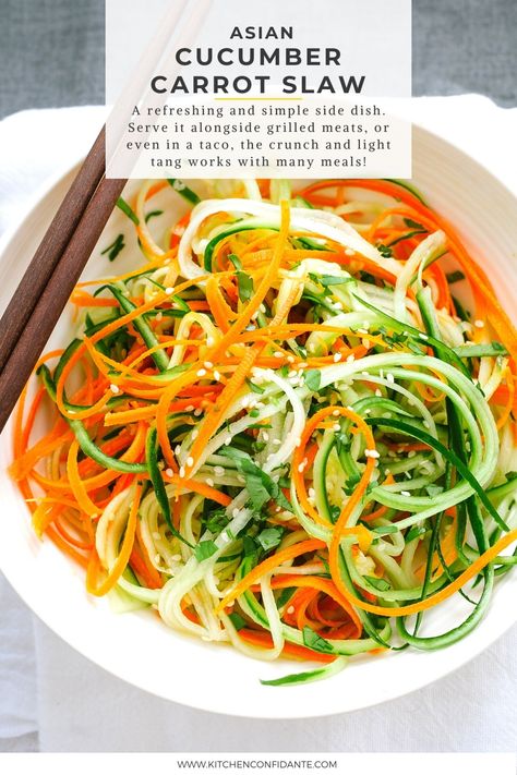 Asian Cucumber Carrot Slaw in a white bowl. Cucumber Carrot Salad, Asian Salad Recipe, Carrot Salad Recipes, Carrot Slaw, Slaw Recipes, Best Salad Recipes, Cucumber Recipes, Carrot Recipes, Healthy Salad Recipes