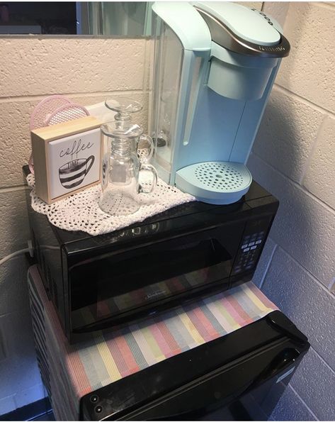 Classroom Fridge And Microwave, Mini Fridge Microwave Coffee Bar, Teacher Coffee Station In Classroom, Teacher Mini Fridge, Coffee Bar In Classroom, Classroom Fridge And Microwave Setup, Teacher Coffee Station, Classroom Coffee Station, Uchicago Dorm