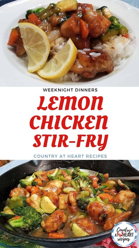 This Lemon Chicken Stir-Fry is a quick and easy weeknight dinner to make for your family. It's especially tasty on a summer night when you want a lighter meal after a hot day. The lemony chicken mixed with your favorite stir-fry vegetables is a winning flavor combination.  #lemonchickenstirfry #maindishes #chickenbreast #lemons #stirfry #broccoli #zucchini #onions #bellpeppers #carrots #countryatheartrecipes https://countryatheartrecipes.com/2021/07/lemon-chicken-stir-fry/ Lemon Vegetables, Dinners Weeknight, Lemon Chicken Stir Fry, Chicken Stir Fry Sauce, Easy Chicken Stir Fry Recipe, Chinese Lemon Chicken, Lemony Chicken, Easy Chicken Stir Fry, Broccoli Sauteed