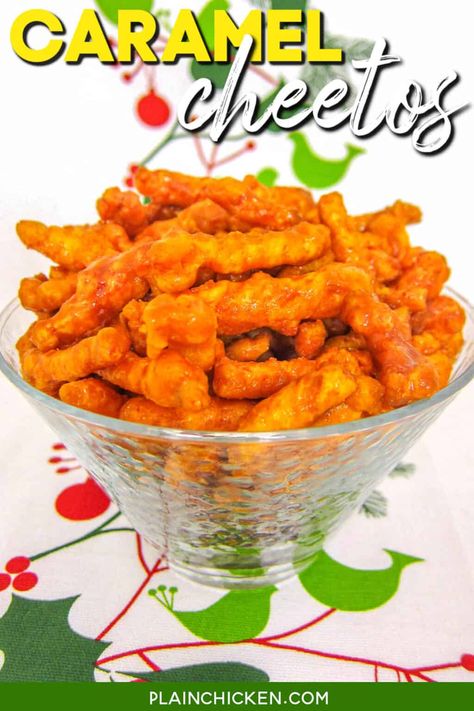 Cheeto Puff Carmel Corn, Candied Cheetos Recipe, Caramel Cheetos Recipe, Homemade Cheetos Recipes, Carmel Covered Cheetos, Caramel Cheetos, Cheetos Recipe, Caramel Puff Corn, Party Mix Snacks