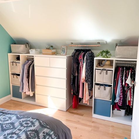 No closet? No problem! 💁‍♀️✨ We bought a house without closets… Andddd with sloped ceilings in the bedrooms.🙈 But that’s ok, because it… | Instagram Sloped Ceiling Bedroom Storage, Sloped Closet Organization, Slanted Closet Ideas Sloped Ceiling, Closet Slanted Ceiling, Angled Closet Ideas Sloped Ceiling, Slanted Closet Ideas, Closet With Slanted Ceiling, Slanted Ceiling Closet, Sloped Ceiling Closet