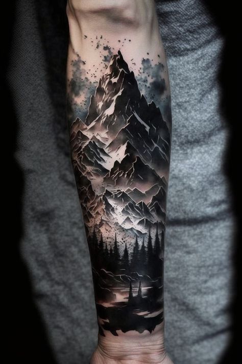 Tattoo Ideas For Outdoorsmen, Desert Tattoo Sleeve, Mountain Forest Tattoo, Fnaf Tattoo, Mountain Sleeve Tattoo, African Warrior Tattoos, Forest Tattoo Sleeve, Forest Forearm Tattoo, Natur Tattoo Arm