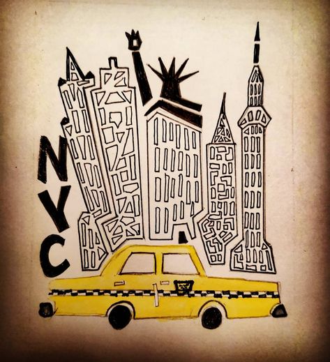 Inktober word 7 NewYork #inktober #art #paint #drawings #NYC #cab #New York New York City Artwork, Word Murals Wall Art, New York Design Graphic, New York Aesthetic Decor, Nyc Drawing Simple, New York Artwork, New York Aesthetic Drawing, New York Dibujo, Nyc Skyline Drawing