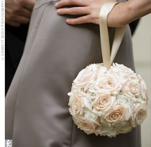 This is a cool idea... instead of a bouquet the girls could have flower balls... I kinda like it Bridesmaid Bouquet Alternatives, Alternative Wedding Bouquet, Flower Backdrop Wedding, Girls Bridesmaid Dresses, Flower Girl Bouquet, Unique Bridesmaid, Floral Arrangements Wedding, Flower Ball, Shabby Chic Wedding