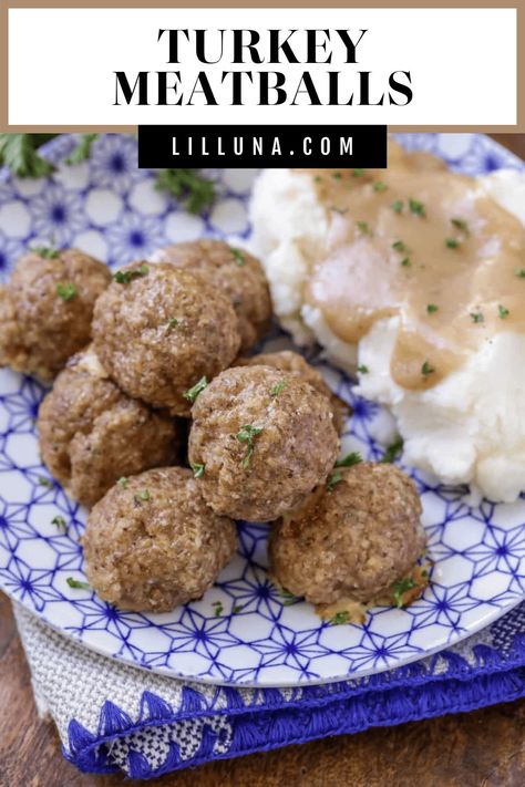 Turkey meatballs can be enjoyed over rice, mashed potatoes, or pasta for a flavor-packed weeknight dinner in minutes! #turkeymeatballs #meatballs #groundturkey #turkeyrecipes #dinner Asian Steak Bites, Ground Beef Meatballs, Creamy Pasta Bake, Turkey Meatballs Baked, Meatball Sliders, Meatball Dinner, Turkey Meatball Recipe, Healthy Baked Chicken, Lasagna Rollups