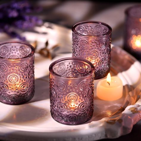 PRICES MAY VARY. 🤗【Vintage Polka-dot Design】The unique combination of dots & circles on the outside of glass candle holders can enhance vision, catch the light well, and make candlelight flicker charming. Beautiful embossed patterns can pass for boho or vintage both are a great way to add warmth to your decor. 🤗【Wedding Decorations】Purple votive candle holders are a wedding decor staple, place them on the dinner table or reception table, will bring a touch of romance and luxury. It is a beauti Purple Wedding Reception Decorations, Purple Table Settings, Purple Candle Holders, Dark Purple Wedding, Purple Wedding Reception, Decorations For Table, Purple And Green Wedding, Purple Wedding Decorations, Purple And Gold Wedding