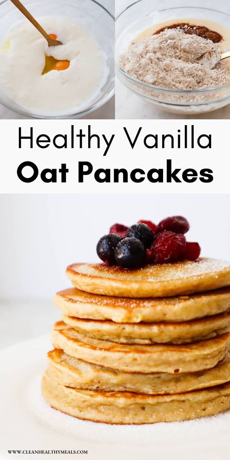 If you’re looking for a good healthy pancake recipe, you've got it right here. These flourless vanilla oatmeal pancakes are a delicious breakfast idea that you can enjoy with the toppings of your choice. Vanilla Protein Pancakes, Clean Eating Pancakes, Rolled Oats Recipe, Oat Pancake Recipe, Heathly Recipes, Vanilla Oatmeal, Oatmeal Pancakes Healthy, Oatmeal And Eggs, Oatmeal Pancakes Recipe