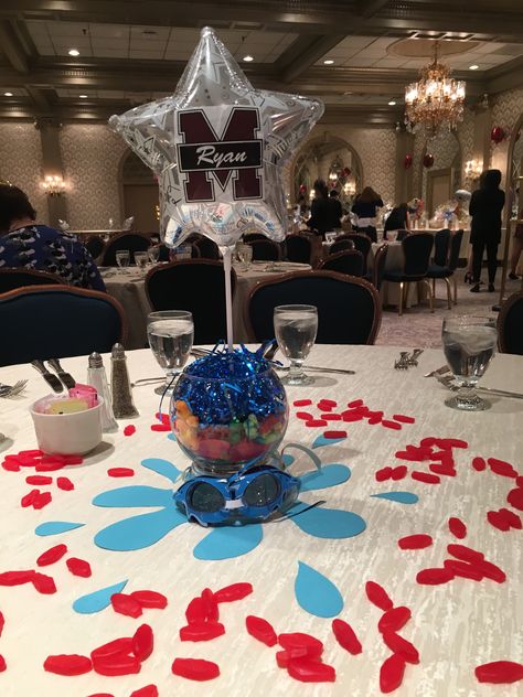 High school Swim Banquet Centerpiece Swim Team Party Centerpieces, Swim Banquet Ideas High Schools, Swimming Decorations Ideas, High School Banquet Centerpieces, Swim Centerpieces Banquet, Swim Banquet Decorations, Swim Centerpieces, Swim Team Banquet Ideas, Swim Banquet Ideas