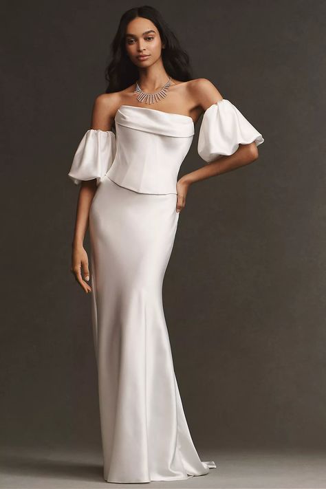 Watters Carly Strapless Satin Corset Top With Removable Sleeves | Anthropologie Anthropologie Bridal, Bhldn Wedding Dress, Wedding Corset, Satin Corset Top, By Watters, Satin Maxi Skirt, Anthropologie Wedding, Satin Corset, Wedding Dresses Corset