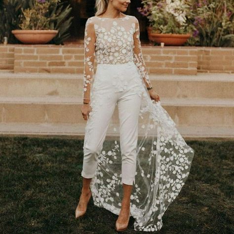 White Wedding Jumpsuit, White Jumpsuit Wedding, Pants Overalls, Sleeved Wedding, Wedding Jumpsuit, Color Crew, Party Kleidung, Long Romper, Jumpsuit Online