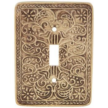 Details: 	 Dimensions: 4.75" H x 3.5" W x 0.25" D 	 Material: Metal 	 Color: Antique Brass & Brown 	 Pattern: Floral 	 Orientation: Vertical 	 Includes: 2 - Hole Cut-Outs 	 Quantity: 1 Breathe new life into the look of a room with small decorative accents like this Antique Brass Ornate Single Switch Plate. This stylish switch plate is made of metal with an antique brass finish. It features ornate engravings of flowers and leaves that give it a vintage elegance. Even the smallest changes can make Home Decor Frames, Cottage Lighting, Victorian Farmhouse, Light Switch Plate Cover, Vintage Elegance, Switch Plate Covers, Light Switch Plates, Antique Farmhouse, Decorative Accents