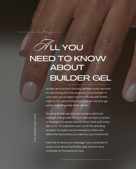 It seems like a lot of people are curious about builder gel and BIAB™ in my direct messages. So, I thought it would be great to dive into more details about builder gels! Builder gel is a special type of gel used for nail enhancements. There are various brands that provide builder gels. BIAB™, which stands for Builder in a Bottle™, is a specific brand of builder gel that’s really popular. I hope this extra detail about builder gels helps! If you have any more questions or need further i... Builder Gel Manicure, Builder Gel Application, Builder In A Bottle Gel Nails, How To Apply Builder Gel Nails, Builder Gel On Natural Nails, Gel Nail Builder, How To Use Nail Builder Gel, Solid Builder Gel, Nail Enhancements