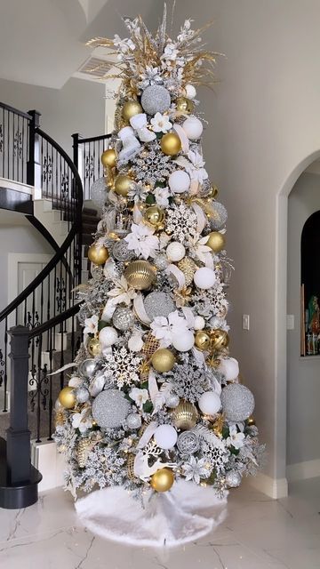 K&A Designs ✨ Amy Lawdanski on Instagram: "We are completely booked for November, but we do still have a few dates available for October & December. Please complete the form at the link in our bio to reserve your holiday decor installation date today! 🎄✨🎄✨🎄 . . . . #kandadesigns #countdowntochristmas #christmascountdown #christmasdecorations #christmasdecor #christmasdecorating #christmasgarland #christmasinspiration #christmasinspo #homedecor #homedecorideas #seasonaldecor #holidaydecor #hol White And Gold And Silver Christmas Tree, Gold Silver And Bronze Christmas Tree, Platinum Christmas Tree, Silver And Gold Christmas Tree Decor, Gold And Silver Christmas Tree Ideas, White Gold And Silver Christmas Tree, White Silver And Gold Christmas Tree, White And Gold Christmas Tree Decor, Gold And White Christmas Tree Ideas