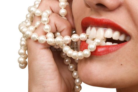 Woman smiles showing white teeth. Holding a pearly necklace in to the mouth, tee #Sponsored , #sponsored, #white, #teeth, #Holding, #Woman, #smiles Mouth References, Dental Office Organization, Dental Office Ideas, Dental Photography, Kylie Lips, Clinic Interior, Perfect Teeth, Dental Art, Teeth Health