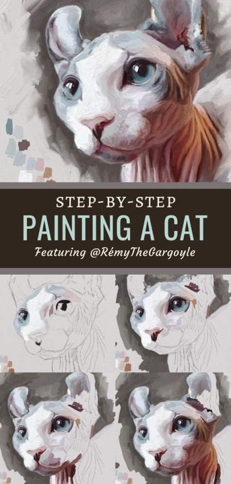 Cat Step By Step, Get Better At Drawing, Chat Sphynx, Cat Steps, Sphinx Cat, Digital Painting Techniques, Hairless Cat, Digital Painting Tutorials, Cat Photography