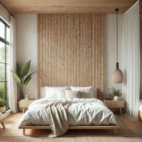 Bali-inspired bedroom design featuring a serene bamboo feature wall. Transform your space into a tranquil retreat… #UKBamboo #Bamboo #BambooInteriorDesign #Inspiration #BedroomDesign Bali Interiors Design, Bamboo Wall Bedroom, Bamboo Slats Wall, Bamboo Room Decor, Bali Inspired Bedroom, Bali Interior Design Inspiration, Bali Bedroom Inspiration, Bamboo Accent Wall, Coastal Bedroom Wall Decor